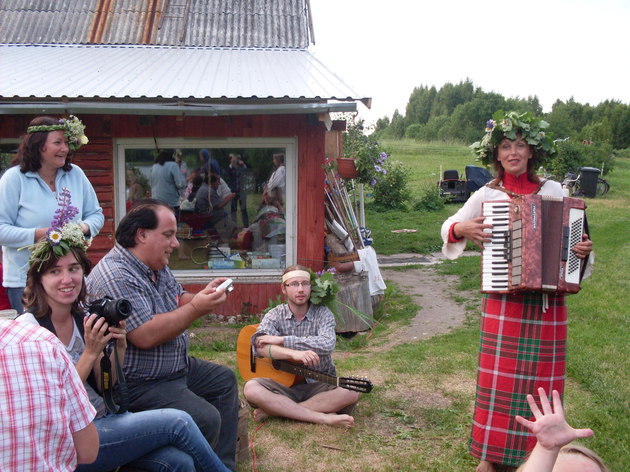 Jāņi and Līgo ( Latvian national celebrations) can't be realized without singing, danceing, sitting near the campfire, garland of flowers or oak leaves, good spent time and strawberries.