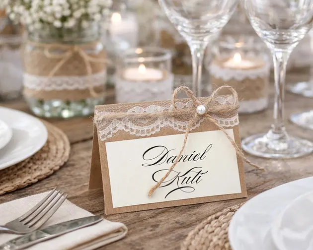 Rustiska stila galda kartītes no kraftpapīra ar viesu vārdiem. Kartītes 
rotātas ar smalku mežģīni, dabīgu aukliņu un nelielu pērļu akcentu, kas 
piešķir siltu, romantisku un mājīgu noskaņu. Dabiskie materiāli un 
pārdomātās detaļas lieliski papildina lauku, vintage vai boho stila 
galda noformējumu, radot harmonisku un viesmīlīgu koptēlu īpašam 
notikumam.Dizainu katalogs: www.invite.lv. Pasūtīt iespējams pa tel.: 26162047, e-mail agnese@invite.lv. Galda kartes, Personalizētas
galda kartes, Kāzu galda kartes, Svētku galda kartes, Galda kartes ar vārdiem, Drukātas
galda kartes, Galda kartes dzimšanas dienai, Galda kartes bērnu ballītei, Vintage
stila galda kartes, Modernas galda kartes, Papīra galda kartes, Roku darbs
galda kartes, Stilīgas galda kartes svētkiem, Personalizētas galda kartes ātri,
Lētas galda kartes, Vārdu kartes, Galda kartītes, Galda kartiņas, Vārdu
kartītes, Vārdu kartiņas, Vietu kartes, Vietu kartītes, Vietu kartiņas, Sēdvietu
kartes, Sēdvietu kartiņas, Sēdvietu kartītes, Kāzu vārdu kartes, Svinību galda
kartes, Banketa kartes, Viesu vārdu kartes, Pasākumu sēdvietu kartes, Roku
darbs kartītes, Galda dekorācijas