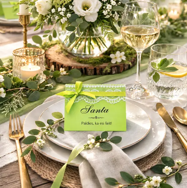 Spilgti zaļas galda kartītes ar kontrastējošu baltu mežģīnes apmali un pieskaņotu satīna bantīti. Košā krāsa piešķir galda noformējumam enerģisku un svaigu akcentu. Lieliski piemērotas pavasara un vasaras svinībām, kur vēlaties piešķirt galdam izteiksmīgu krāsu akcentu.Dizainu katalogs: www.invite.lv. Pasūtīt iespējams pa tel.: 26162047, e-mail agnese@invite.lv. Galda kartes, Personalizētas
galda kartes, Kāzu galda kartes, Svētku galda kartes, Galda kartes ar vārdiem, Drukātas
galda kartes, Galda kartes dzimšanas dienai, Galda kartes bērnu ballītei, Vintage
stila galda kartes, Modernas galda kartes, Papīra galda kartes, Roku darbs
galda kartes, Stilīgas galda kartes svētkiem, Personalizētas galda kartes ātri,
Lētas galda kartes, Vārdu kartes, Galda kartītes, Galda kartiņas, Vārdu
kartītes, Vārdu kartiņas, Vietu kartes, Vietu kartītes, Vietu kartiņas, Sēdvietu
kartes, Sēdvietu kartiņas, Sēdvietu kartītes, Kāzu vārdu kartes, Svinību galda
kartes, Banketa kartes, Viesu vārdu kartes, Pasākumu sēdvietu kartes, Roku
darbs kartītes, Galda dekorācijas