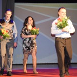 Mākslinieki, kuri izveidoja konkursa galveno balvu- no kreisās: Jurģis Ābele, Baiba Rulle, Jurģis Muska
