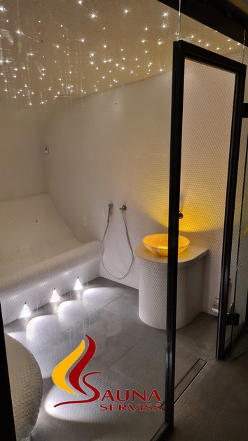 Tvaika pirts būvniecība, turku pirts mājās, hamam, tvaika ģenerators, stikla siena pirtī, tvaika pirts gaismas, tvaika izlietne.