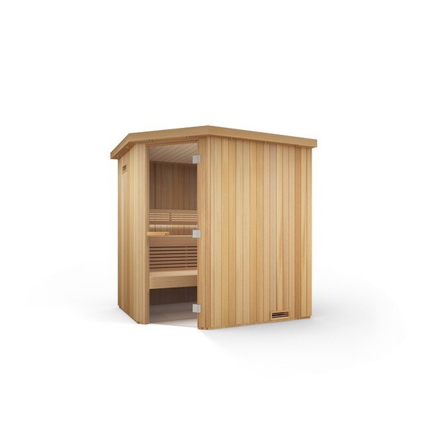 Сауна из термодерева, угловая модель. В комплекте скамейки и спинка. Банную печь нужно подбирать отдельно. Возможны разные решения лавок и разные виды отделки (осина, термо древесина, финская ель).