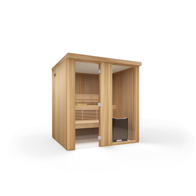Saunas kabīne no termo koksnes. Nāk komplektācijā ar lāvām un atzveltni. Pirts krāsns jāizvēlas atsevišķi. Ir iespējami dažādi lāvu risinājumi. Durvis un stikls ir maināms vietām.