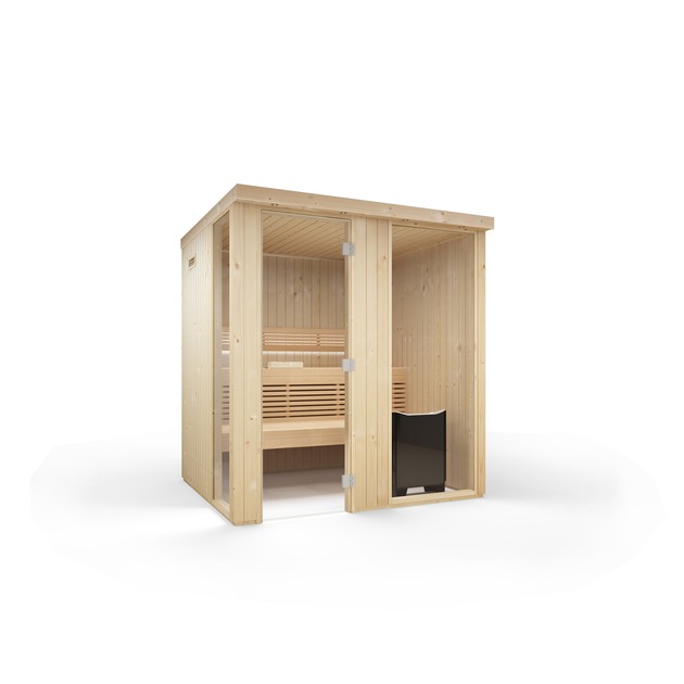 Saunas kabīne no somu egles. Nāk komplektācijā ar lāvām un atzveltni. Pirts krāsns jāizvēlas atsevišķi. Ir iespējami dažādi lāvu risinājumi. Durvis un stikls ir maināms vietām.