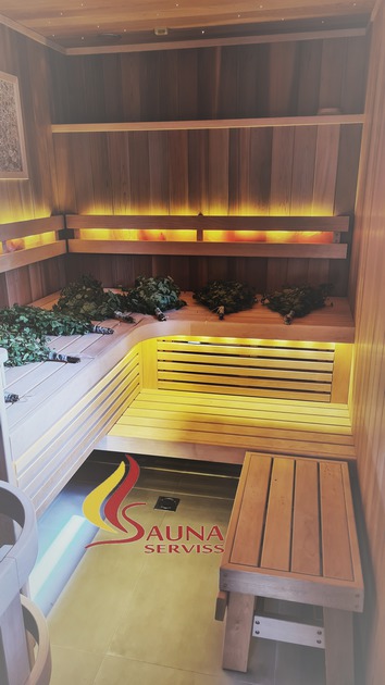 Sauna bench, salt bricks in the sauna, salt in the sauna, Canadian cedar, led lights in the sauna, sauna panels, sauna lights