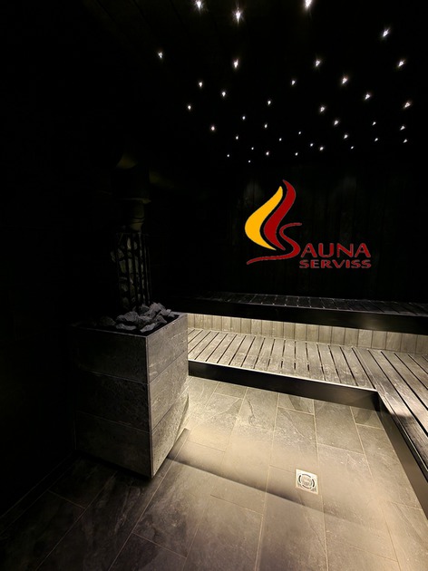 Black sauna, sauna lighting, sauna boards, ceiling lighting in sauna, starry sky sauna
